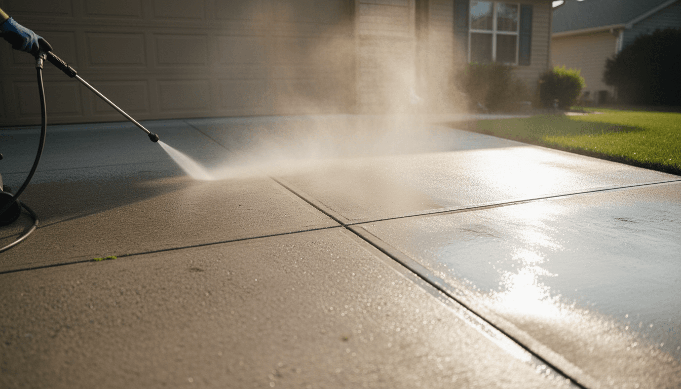 Professional power washing service cleaning a residential driveway in Scranton