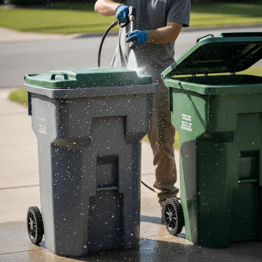Trash can power washing service cleaning residential bins