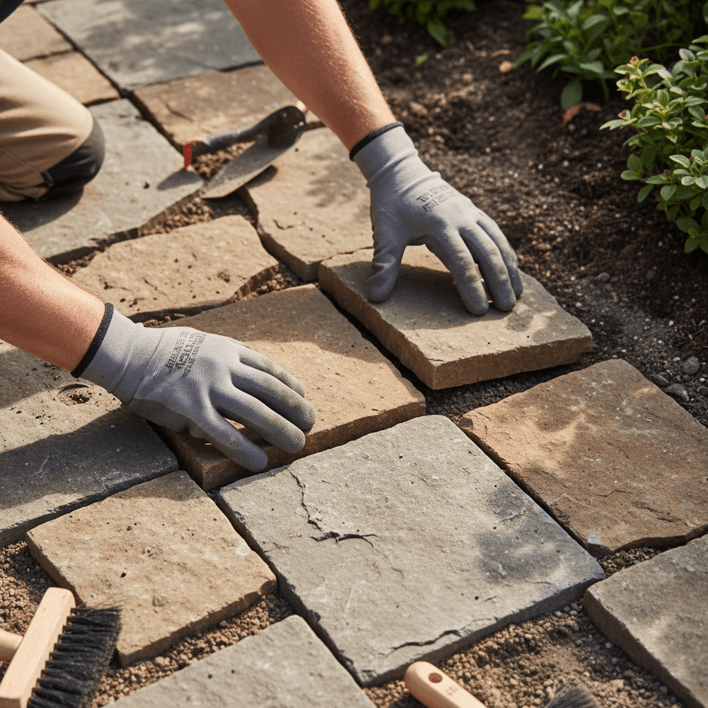 Detailed shot of landscaper installing pathway or paver edging