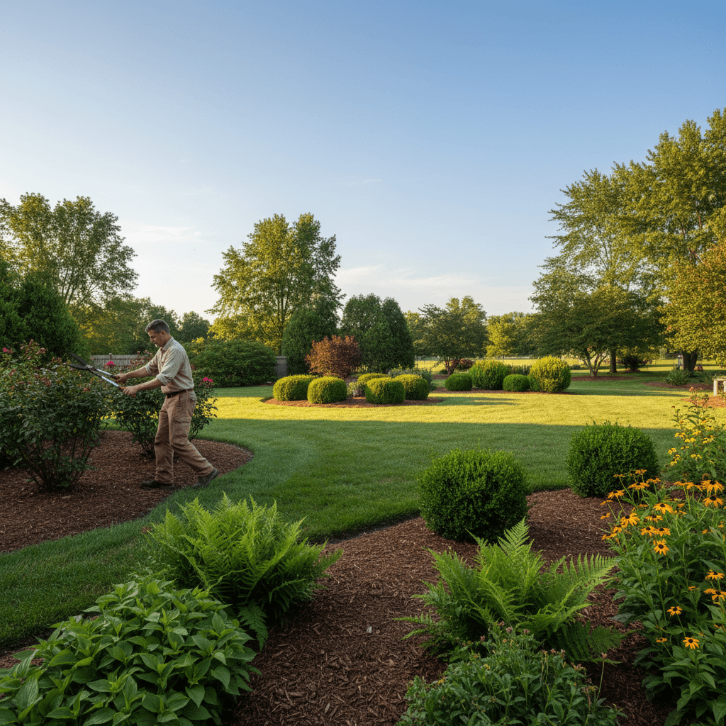 Professional landscaper trimming and maintaining garden beds