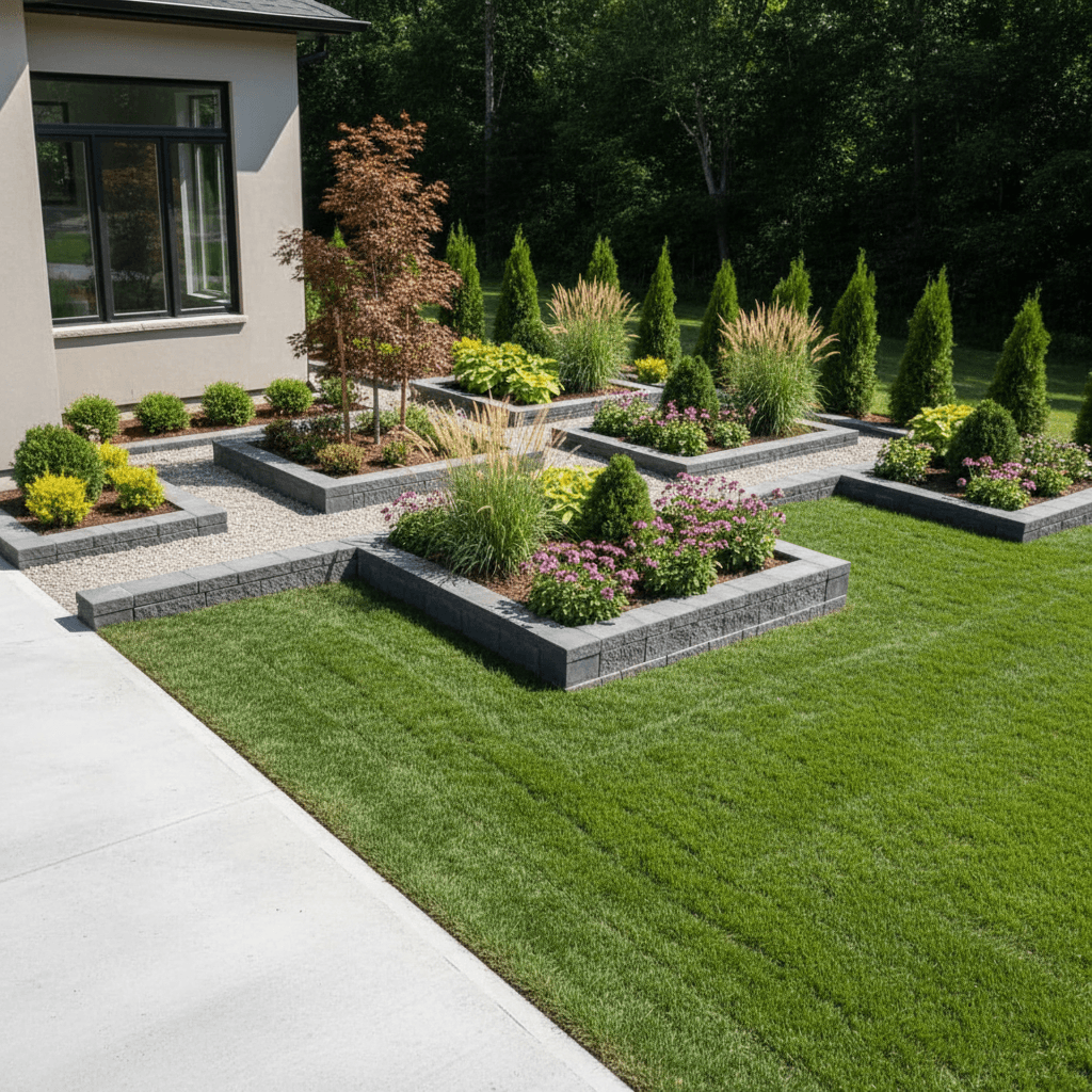 Finished front yard landscape with trimmed lawn and organized plantings