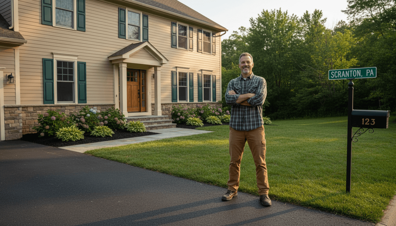 Property owner standing confidently in front of a well-maintained Scranton home