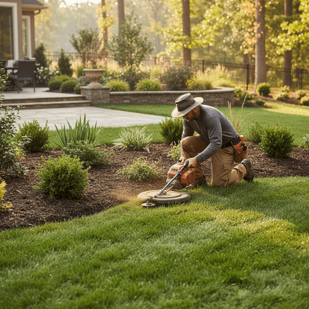 Landscaper edging lawn borders for crisp, clean garden separation