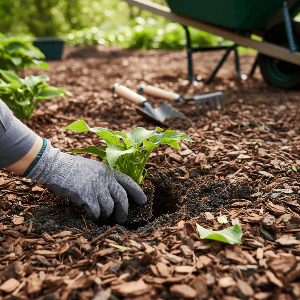 Close-up of landscaper planting shrubs in prepared garden bed