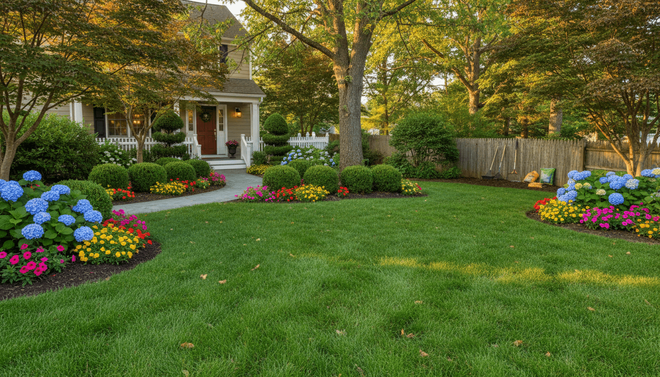 Well-maintained residential landscape with green lawn, flowering plants, and trimmed shrubs