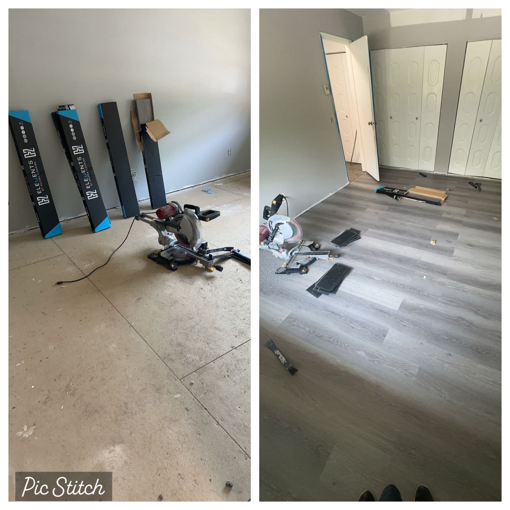 Side-by-side comparison showing a room's transformation from bare subfloor to finished grey plank flooring.